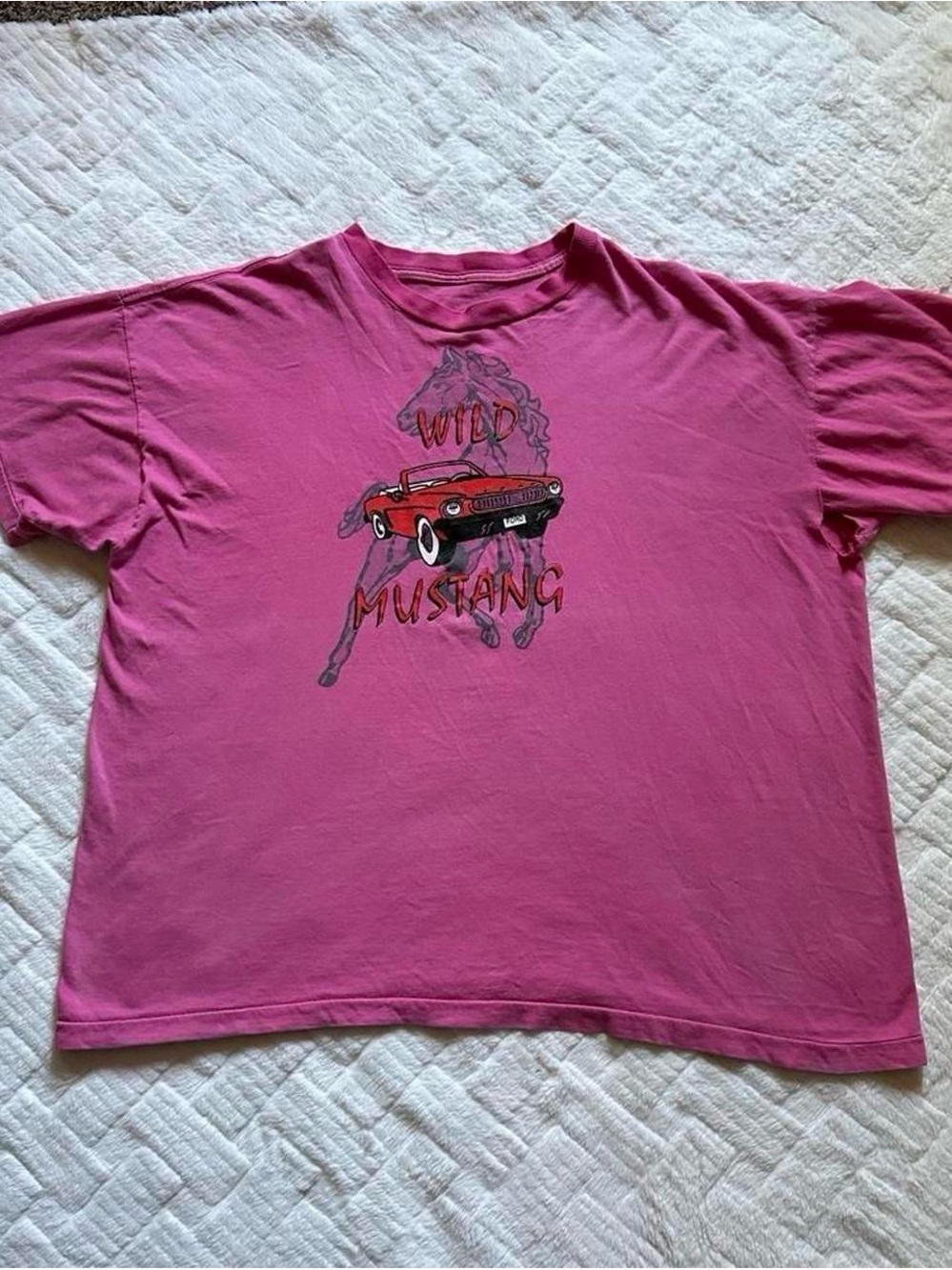 Vintage 1990s Ford Mustang Pink Tee with Red Mustang Graphic XL - Picture 2 of 7